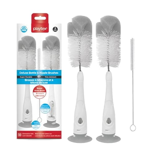 Playtex Baby Deluxe Bottle & Nipple Brushes – 3 Piece Baby Bottle Cleaning Brush with Sponge Tip, Suction Base & Straw Brush – BPA Free and Dishwasher Safe