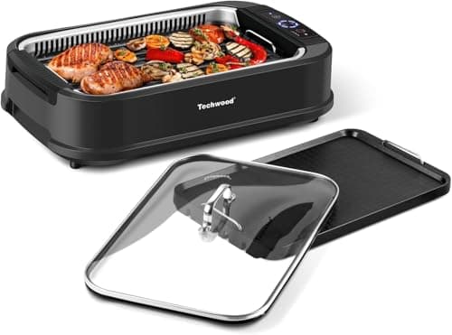 Indoor Grill, Techwood 1500W Smokeless Electric Grill with 2 in1 Nonstick Grill/Griddle Plates, Portable Korean BBQ Grill with 6-Level Control, Glass Lid, Dishwasher Safe, Double Plates, Black