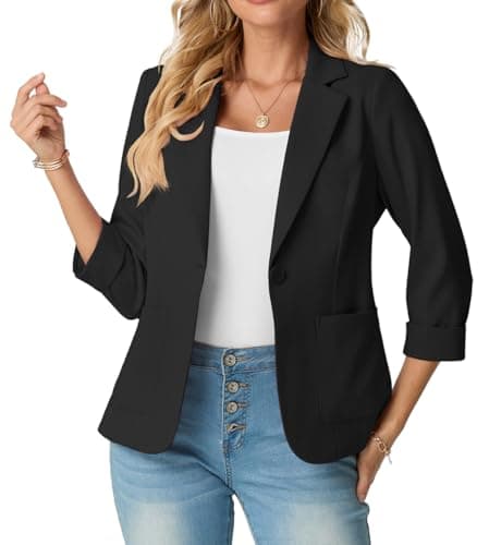 GRECERELLE Blazers for Women Lightweight Suit 3/4 Sleeve Casual Business Blazer Jacket with Pockets and Padded Shoulder Black-14