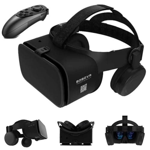 VR Headset with Controller and Headphones, 3D Gaming Virtual Reality Glasses, Compatible with iOS Android Windows Smartphones, Black