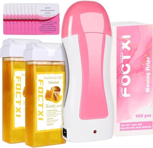 FOCTXI Roll On Wax kit, Wax Roller Kit for Hair Removal, Waxing Kit for All Skin Types, Soft Ｗax Heater for Larger Areas of the Body, with 2 Wax Cartridge, 100 Non-Woven Wax Strips & 10 Wipes