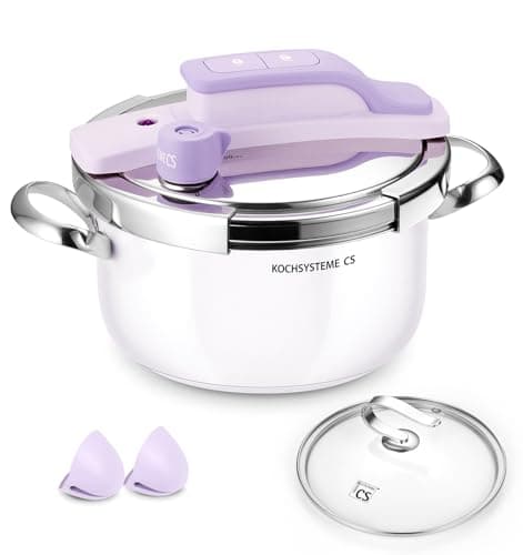 KOCH SYSTEME CS Pressure Cooker Stainless Steel 3 Litre, 2-in-1 Stainless Steel Pressure Cooker, One-Hand Locking, 3 PSI Settings, Induction Compatible, Includes Glass Lid, Purple