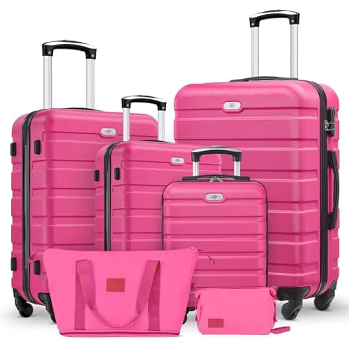 Suitour 6 Piece Luggage Sets, 16 20 24 28 inch Hardside Carry-on and Checked Suitcase Set with Travel Duffle Bags(Rose Red)