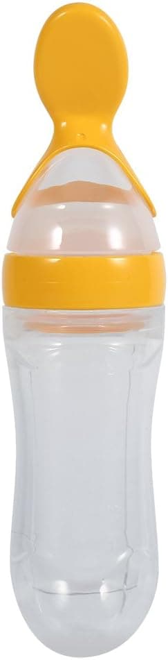 Baby Feeder Bottle, Baby Food Feeder, 1Pc 90mL Silicone Baby Toddler Feeding Bottle with Spoon Fresh Food Cereal Squeeze Feeder Hot(Yellow)