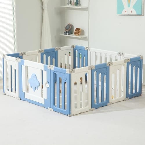 Bestgame Baby Play Pen, 14 Panels Extra Large Baby Playpen, Foldable Play Pens for Babies and Toddlers, UFO Portable Fence Gate Play Yard, Blue