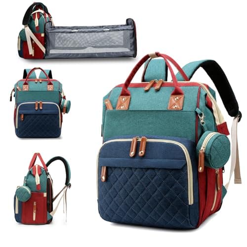 Diaper Bag with Changing Station, Waterproof 3 in 1 Baby Diaper Backpack with Foldable Changing Pad, Large Travel Back Pack for Girl Boy,Red-Green-Blue