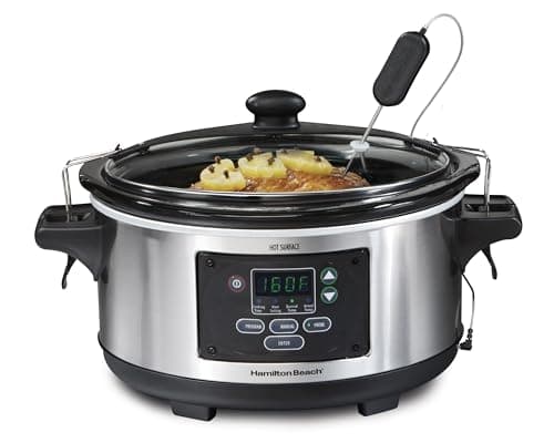 Hamilton Beach Set & Forget Programmable Slow Cooker, 6 Quart (5.7 L), Stainless Steel, Temperature Probe, Lid Lock for Travel, Dishwasher Safe Crock & Lid, Model 33969AG