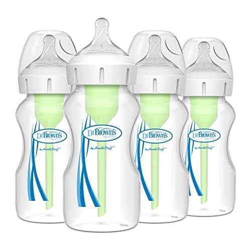Dr. Brown’s Natural Flow Anti-Colic Options+ Wide-Neck Baby Bottles 9 oz/270 mL, with Level 1 Slow Flow Nipple, 4 Pack, 0m+