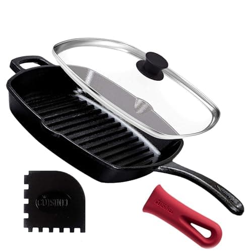 Cast Iron Square Grill Pan with Glass Lid - 10.5 Inch Pre-Seasoned Skillet with Handle Cover and Pan Scraper - Grill, Stovetop, Induction Safe - Indoor and Outdoor Use - for Grilling, Frying, Sauteing