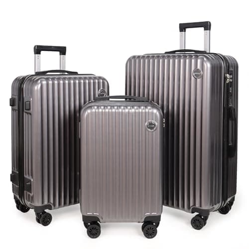 Aklsvion 3-Piece Hardside Luggage Set, ABS+PC Spinner Suitcase with Anti-Burst Zipper & Built-in Lock, 20/24/28 Inch (Metal Grey)