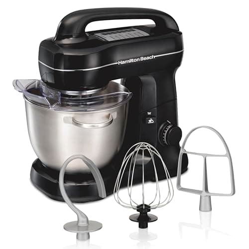Hamilton Beach 7-Speed Stand Mixer for Baking, 300W, 4 Quart Stainless Steel Bowl, Dough Hook, Whisk, Flat Beater, Splash Guard, Black (63391)