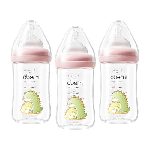Oberni 240ml Baby Bottles, 8 Oz Wide-Neck Milk Feeding Bottle with Size"M" Teat for 3-6 Months Newborn Babies Pink/3 Pack