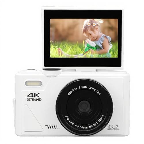 Digital Camera with Flip Screen LCD, UHD 4K 64MP Camera, Digital Point and Shoot Camera with 18X Zoom, Vlogging Camera for Travel Photography Vlogging (White)