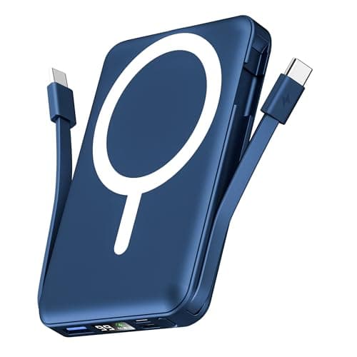 podoru for Magsafe Power Bank, 10000mAh Magnetic Battery Pack Built-in Double USB C Cables 20W PD Fast Charging LED Display Wireless Portable Charger for iPhone 17/16/15/14/13/12 Series-Navy Blue