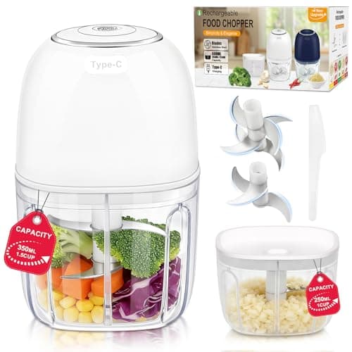 Portable Electric Garlic Chopper, 2 Bowls(1 Cup&1.5 Cup) Cordless Mini Food Processor【Up-Durable Motor】【2 Sets 304 Stainless Steel Blade】Grind for Garlic,Onion,Meat,Baby Food,BPA FREE(White)