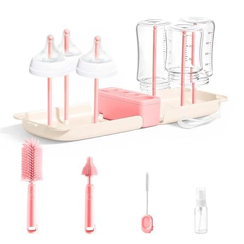 Travel Bottle Washing Kit with Storage Case, 7-in-1 Baby Travel Bottle Cleaner Kit for Flying and Home, All-in-One Baby Bottle Brush Set with Drying Rack for Bottles and Breast Pump Parts (Pink)