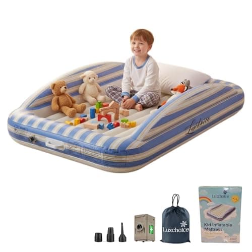 Inflatable Toddler Travel Bed with Cordless Rechargeable Pump, Portable Kids Air Mattress with Comfy Removable Flocked Mattress & Safety Rails, Toddler Cot for Camping Sleepover Vacation Home