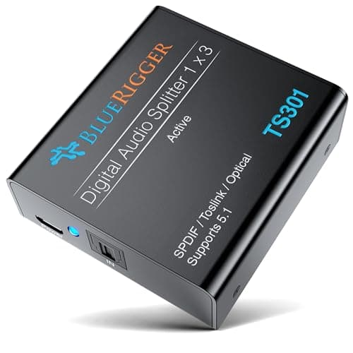 BlueRigger Digital Optical Audio Splitter 1x3 (Active Toslink Splitter, LPCM2.0, Dolby Digital, DTS 5.1)- Powered Digital Optical Splitter 1 in 3 Out for Home Theatre, DVD, TV, Receiver, Sound Bar
