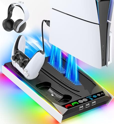 PS5/Slim/Pro Stand for Disc & Digital Console, PS5 Cooling & Charging Station with RGB Ambient Lighting, PS5 Controller Charger Built-in 3 Level Fan, PS5/Slim/Pro Accessories Comes 3 USB Ports