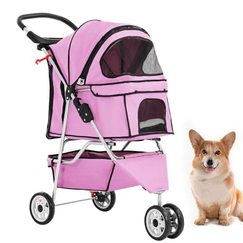BestPet 3 Wheels Pet Stroller Dog Stroller Cat Cage Jogger Stroller Cats Travel Folding Carrier Waterproof Puppy Stroller with Cup Holder & Removable Liner,Light Pink