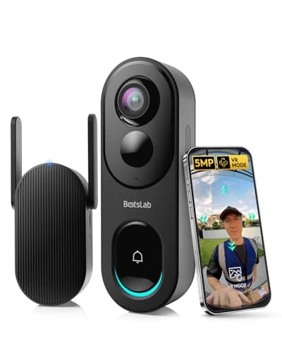 BOTSLAB 5MP Doorbell Camera Wireless Outdoor, 180° Pano View, No Monthly Fee, 2.4G Wi-Fi Video Doorbell, Human Detection, 2-Way Audio, IR Night Vision, Battery/Wired, IP66, Alexa & Google Assistant