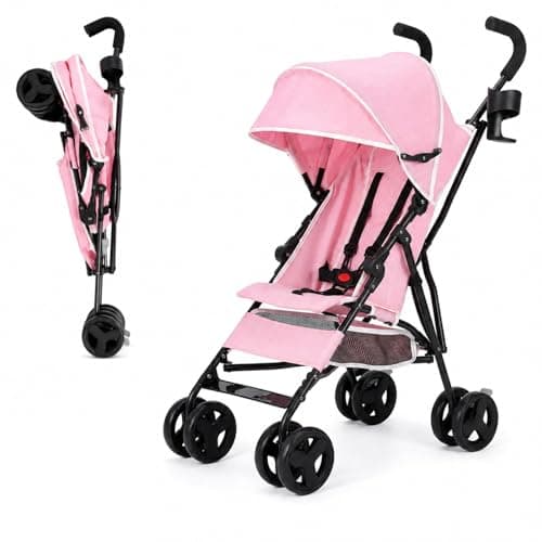 Lightweight Umbrella Stroller for 6–24 Months, Compact Fold Travel Stroller with Adjustable Canopy, Cup Holder & Storage Basket (Pink)