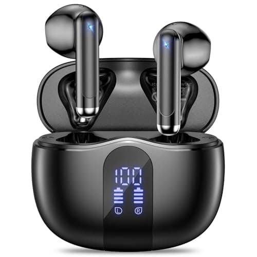 Wireless Earbuds, Bluetooth 5.4 Bass Stereo Headphones with 4 ENC Mic, 50H Playback Ear Buds with Charging Case LED Display,Sport Earphones IPX7 Waterproof for Phone, Android, Pad, DeepBlack