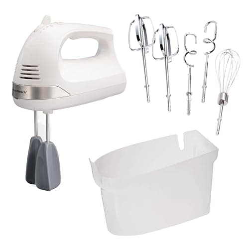 Hamilton Beach 6-Speed Electric Hand Mixer for Baking, 275W, Easy Clean Beaters, Dough Hooks, Whisk, Snap-On Storage Case, White (62636J)