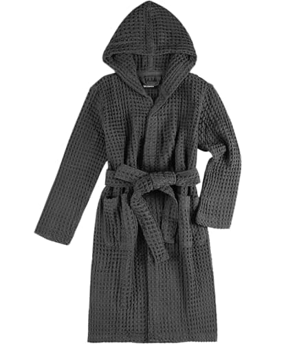 KOSMU 100% Organic Japanese Cotton Waffle Knit Bathrobe | Thick Luxury Hotel Spa Shower Sauna Towel Terry House Coat Robe House Coat w/Hood Snap Button for Men & Women (Hooded, Smoke Grey, 2XL)