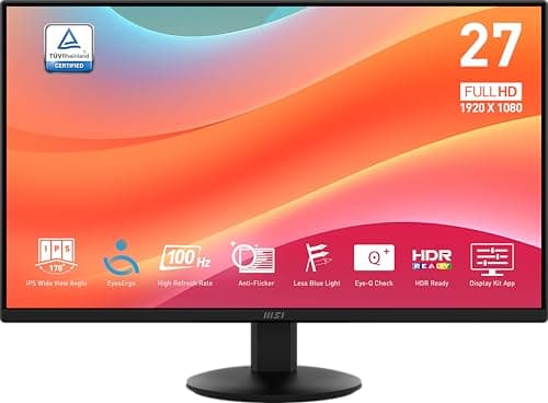msi PRO MP272L 27-inch IPS 1920 x 1080 (FHD) Gaming Office Monitor, 100Hz, 1ms, HDMI, DisplayPort, Tilt, 4-Side Slim Bezel, Black