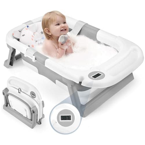 Baby Bathtub, Newborns Bath Essentials, Portable Bath tub For Infant 0-24 Months，Baby Shower Gifts With Soft Cushion,Temperature Sensor and Tray