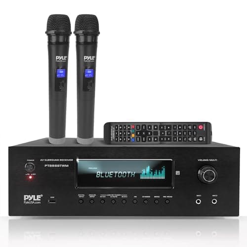 Pyle Wireless BT Streaming Home Theater Receiver - 5.2-Ch Surround Sound Stereo Amplifier System w/ 4K Ultra HD Support, MP3/USB/AM/FM Radio (1000 Watt MAX), w/ 2CH UHF Wireless Microphone