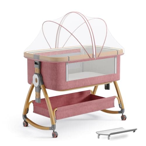 Baby Bassinet, Bedside Bassinet for Baby, 4 in 1 Portable Bedside Sleeper with Wheels Mosquito Net & Storage Basket, 6 Height Adjustable Rocking Bassinet for Newborn Baby
