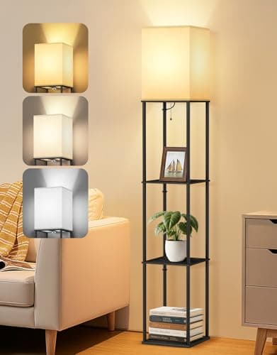 OUTON Floor Lamp with Shelves, Modern Square Standing Shelf Lamp with 3 Color Temperature Bulb, Storage Display Wood Column Tall Bookshelf Lamp for Living Room, Bedroom, Office, Black