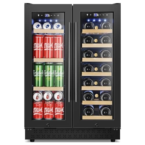 Tylza Wine 24 Inch Dual Zone Beverage Refrigerator, French Door, Under Counter Wine Beer Fridge, Built-In or Freestanding, Holds 20 Bottles and 88 Cans, Black