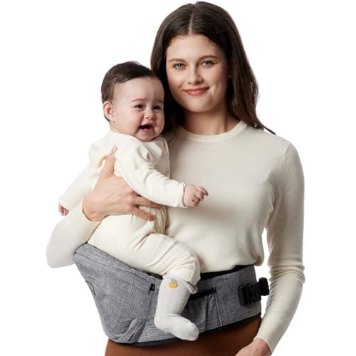 Momcozy CPC-Certified Baby Hip Carrier - Adjustable Waistband with Original 3D Belly Protector & Ergonomic EVA Massage Board, Various Pockets for Newborns to Toddlers up to 45lbs (Grey, Medium)