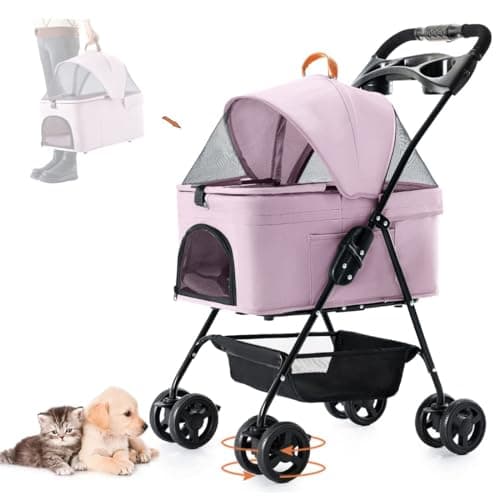 LPOTIUS 3 in 1 Pet Stroller for Small Dogs and Cats, Folding Lightweight Dog Stroller with Detachable Carrier & Storage Basket, Portable Cat Puppy Jogging Stroller with Cup Holder, 4 Wheels LightPink