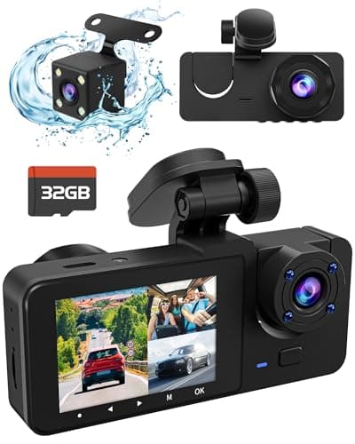 3 Channel Dash Camera, Dash Cam Front and Rear Inside, 4K UHD 170 Deg Wide Angle Dashboard Camera with 32GB SD Card, Built in IR Night Vision,Loop Recording,24H Parking Monitor, Accident Lock