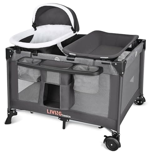 LIVINGbasics 4 in 1 Baby Playard, Foldable Baby Bassinet with Removable Cradle and Changing Table for Home/Travel/Outdoor