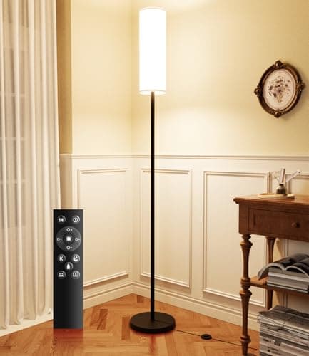 UUJ LED Floor Lamp for Living Room, Dimmable Standing Lamps with Foot Switch,Remote Custom Color Temperature Black Pole Lamp with Lampshade,9W Led Bulb Tall Lamps for Bedroom Office Kid Room Decor