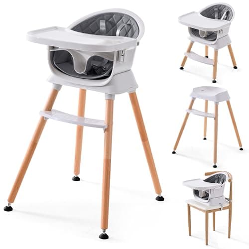 Hrusitoo 6-in-1 Wooden Baby High Chair, Convertible Toddler Booster Seat and High Stool with Adjustable Legs, Removable Dishwasher-Safe Tray, Grey Infant Feeding Chair with 5-Point Harness