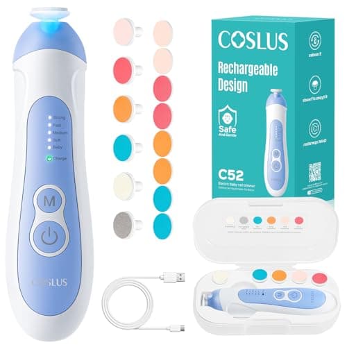 COSLUS C52 Baby Nail Trimmer Rechargeable: CPC Certified & Quiet Design - Gentle Baby Nail File for Trimming, Electric Baby Nail Kit with 5 Modes & 6 Grinding Heads for Infant toddler Kid, Baby Blue