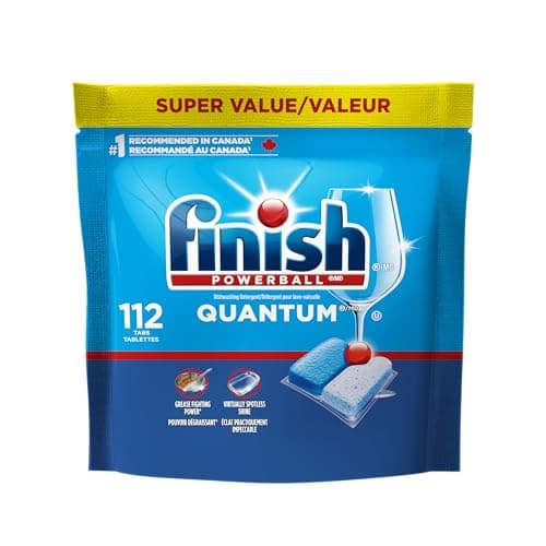 Finish Quantum Dishwasher Detergent Pods, 3-Chamber Formula with Powerball Action, No Pre-Rinse, Grease & Stain Removal, Scrubs Dried-On Food, Deep Clean & Sparkling Shine, 112 Tabs