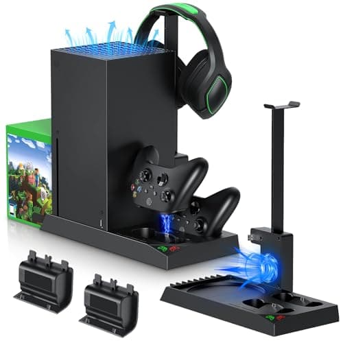 Charging Stand with Cooling Fan for Xbox Series X Console & Controller,Vertical Dual Charger Station Dock Accessories with 2x 1400mAh Rechargeable Battery & Cover,Headset Stand & 10 Game Slots