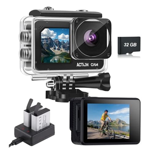 Nvgfelis Action Camera FHD 1080P 16MP with 32GB Memory Card - 131FT/40M Waterproof Dual Screen Sports Camera,2X Batteries & Multifunctional Accessories Kit for Helmet, Bicycle