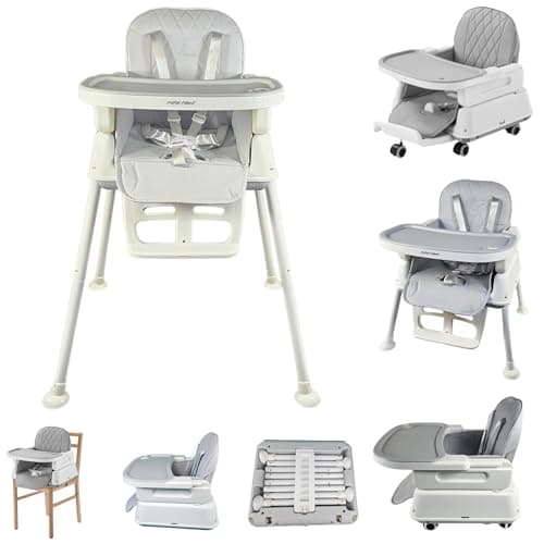 Popup closed 7-in-1 Fully Convertible Baby High Chair – Newborn to Toddler Booster, Foldable & Portable, Easy-Clean Washable Cushion, Removable Tray, 5-Point Safety Harness – Grows with Your Child (Grey)