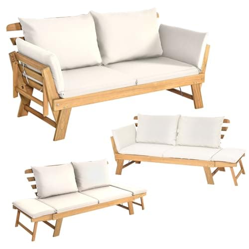 S AFSTAR Patio Convertible Couch Sofa Bed, Acacia Wood Chaise Lounger with Adjustable Armrest, Cushion & Pillows, Outdoor Daybed Loveseat Furniture for Backyard, Garden, Poolside, Porch