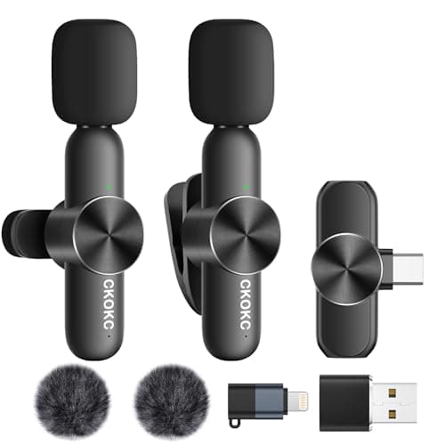 CKOKC Wireless Microphone for iPhone - Android Phone and Laptop PC, USB Microphones for Podcasting, Lavalier Microphone for Interview Video Vlog, with Microphone Pop Filters/Windscreen