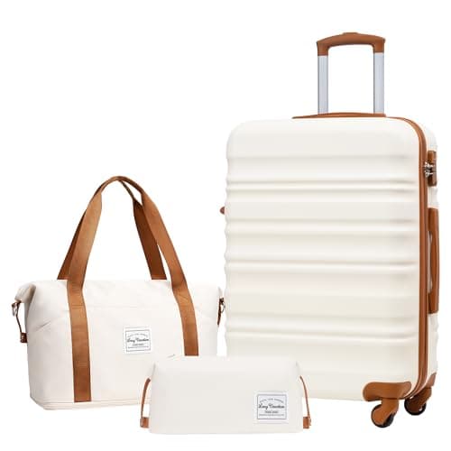 LONG VACATION Luggage Set, 24 Inch Suitcase, White-Brown, 3 Piece