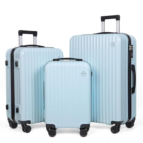 Aklsvion 3-Piece Hardside Luggage Set, ABS+PC Spinner Suitcase with Anti-Burst Zipper & Built-in Lock, 20/24/28 Inch (Light Blue)